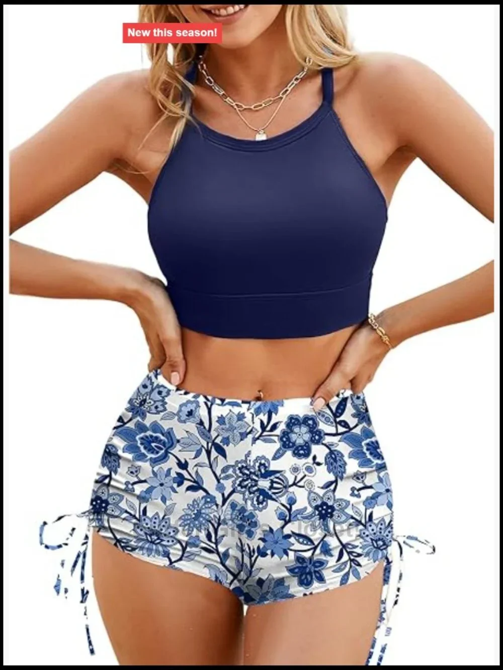 Women's High Waisted Bikini Set with Criss Cross Top and Drawstring Boyshorts